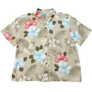 Bahama Beach Womens Medium Tan Rayon Hibiscus Floral Hawaiian Button Up Shirt